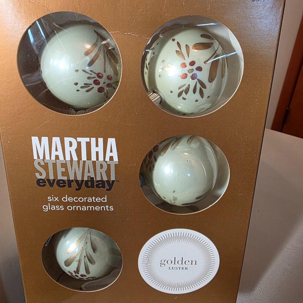 VINTAGE 2002 MARTHA STEWART EVERYDAY SIX DECORATED GLASS ORNAMENTS GOLDEN LUSTER